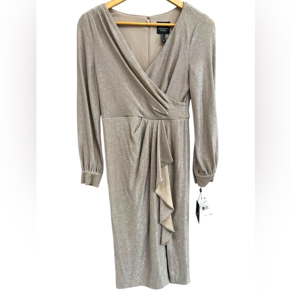NWT Adrianna Papell Women Draped Knit Faux Wrap Dress Long Sleeve Gold Champagne